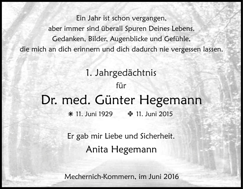  Traueranzeige für Günter Hegemann vom 11.06.2016 aus Kölner Stadt-Anzeiger / Kölnische Rundschau / Express