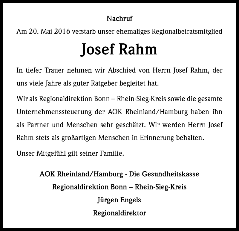  Traueranzeige für Josef Rahm vom 04.06.2016 aus Kölner Stadt-Anzeiger / Kölnische Rundschau / Express