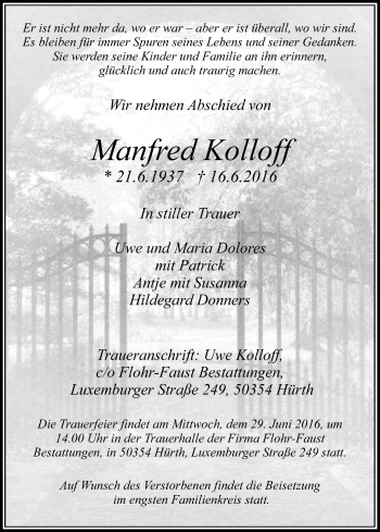 Anzeige von Manfred Kolloff von Kölner Stadt-Anzeiger / Kölnische Rundschau / Express