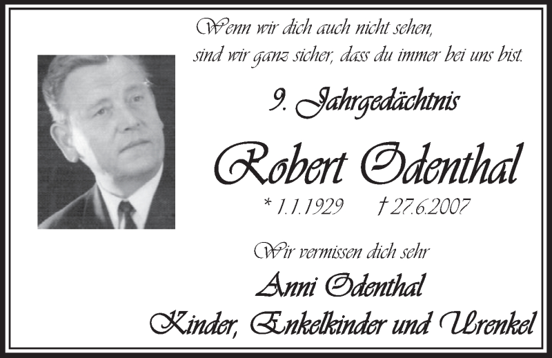  Traueranzeige für Robert Odenthal vom 22.06.2016 aus  Schlossbote/Werbekurier 