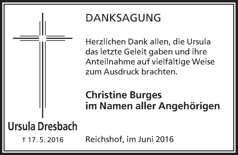 Traueranzeige für Ursula Dresbach vom 29.06.2016 aus  Anzeigen Echo 