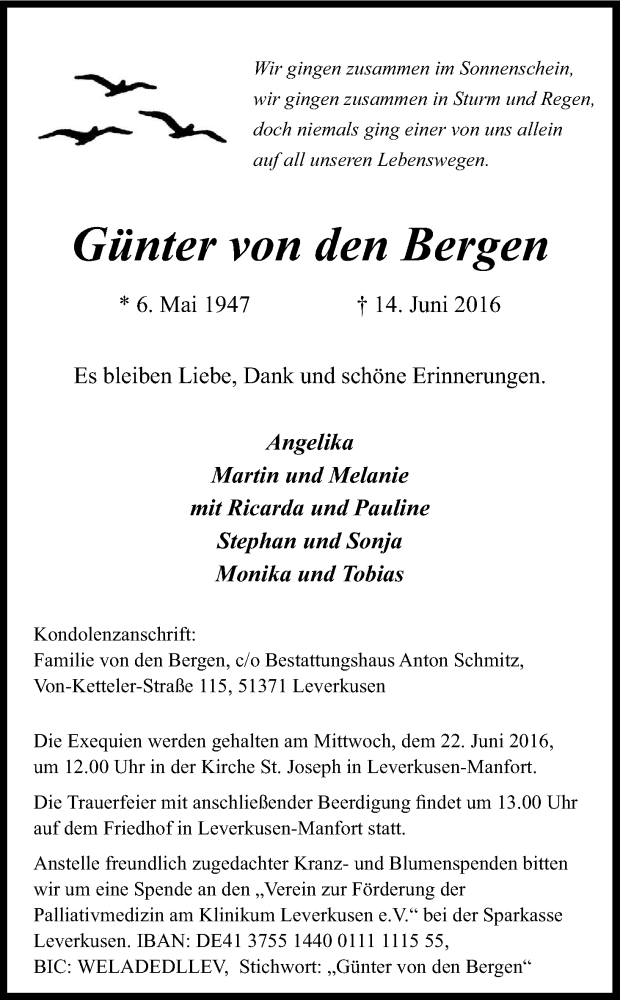  Traueranzeige für Günter von den Bergen vom 18.06.2016 aus Kölner Stadt-Anzeiger / Kölnische Rundschau / Express