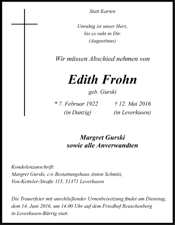 Anzeige von Edith Frohn von Kölner Stadt-Anzeiger / Kölnische Rundschau / Express
