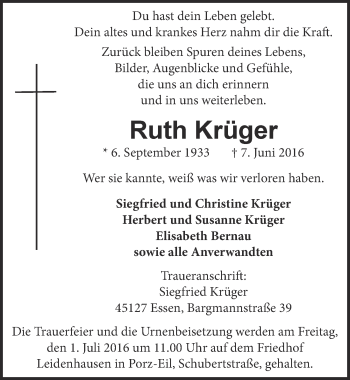 Anzeige von Ruth Krüger von  Kölner Wochenspiegel 