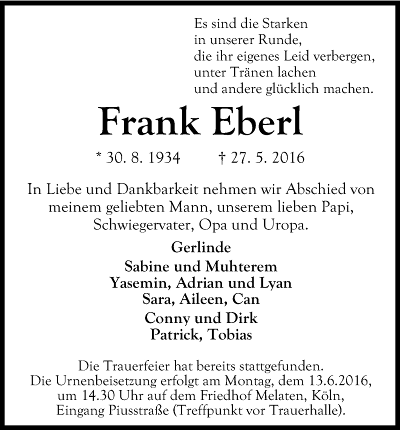  Traueranzeige für Frank Eberl vom 08.06.2016 aus Kölner Stadt-Anzeiger / Kölnische Rundschau / Express