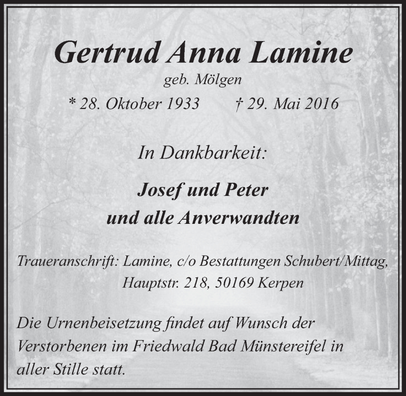  Traueranzeige für Gertrud Anna Lamine vom 04.06.2016 aus  Sonntags-Post 