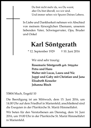 Anzeige von Karl Söntgerath von Kölner Stadt-Anzeiger / Kölnische Rundschau / Express