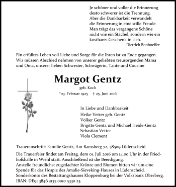 Anzeige von Margot Gentz von Kölner Stadt-Anzeiger / Kölnische Rundschau / Express