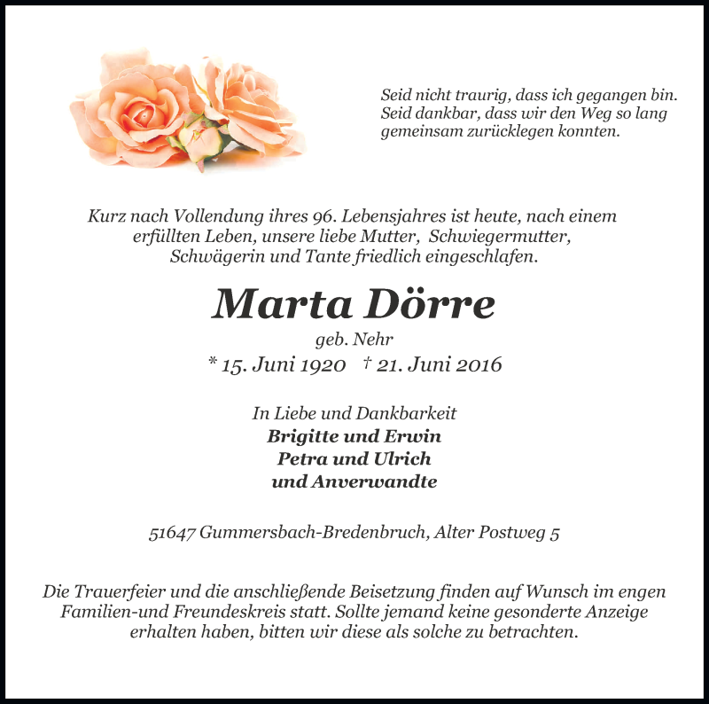  Traueranzeige für Marta Dörre vom 25.06.2016 aus Kölner Stadt-Anzeiger / Kölnische Rundschau / Express