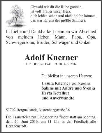 Anzeige von Adolf Knerner von  Anzeigen Echo 