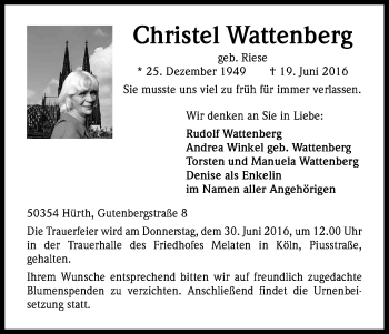 Anzeige von Christel Wattenberg von Kölner Stadt-Anzeiger / Kölnische Rundschau / Express