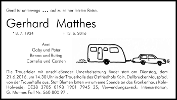 Anzeige von Gerhard Matthes von Kölner Stadt-Anzeiger / Kölnische Rundschau / Express