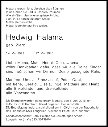 Anzeige von Hedwig Halama von Kölner Stadt-Anzeiger / Kölnische Rundschau / Express