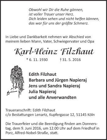 Anzeige von Karl-Heinz Filzhaut von  Kölner Wochenspiegel 