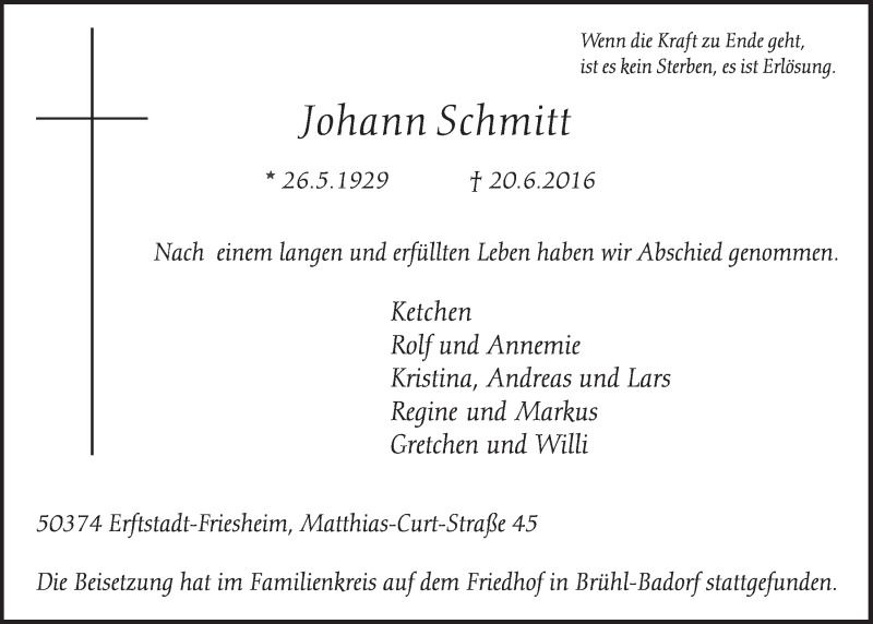  Traueranzeige für Jophann Schmitt vom 29.06.2016 aus  Schlossbote/Werbekurier 