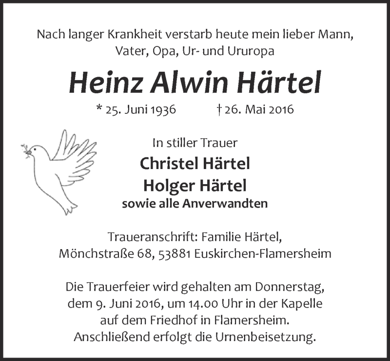  Traueranzeige für Heinz Alwin Härtel vom 04.06.2016 aus  Blickpunkt Euskirchen 
