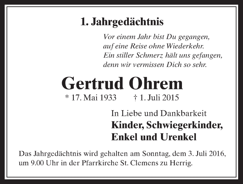  Traueranzeige für Gertrud Ohrem vom 29.06.2016 aus  Werbepost 