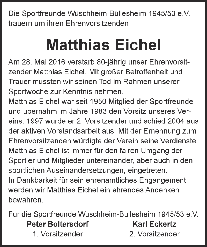  Traueranzeige für Matthias Eichel vom 11.06.2016 aus  Blickpunkt Euskirchen 