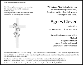 Anzeige von Agnes Clever von Kölner Stadt-Anzeiger / Kölnische Rundschau / Express
