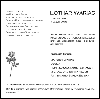 Anzeige von Lothar Warias von Kölner Stadt-Anzeiger / Kölnische Rundschau / Express