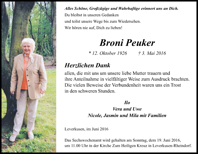  Traueranzeige für Broni Peuker vom 18.06.2016 aus Kölner Stadt-Anzeiger / Kölnische Rundschau / Express