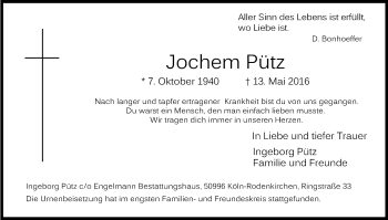 Anzeige von Jochem Pütz von Kölner Stadt-Anzeiger / Kölnische Rundschau / Express