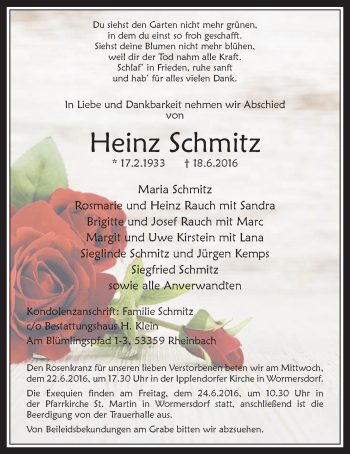 Anzeige von Heinz Schmitz von  Schaufenster/Blickpunkt 