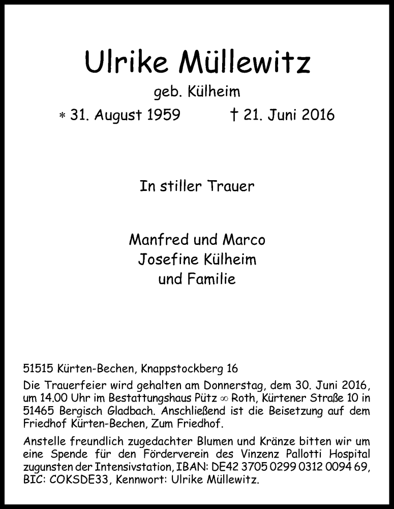  Traueranzeige für Ulrike Müllewitz vom 25.06.2016 aus Kölner Stadt-Anzeiger / Kölnische Rundschau / Express