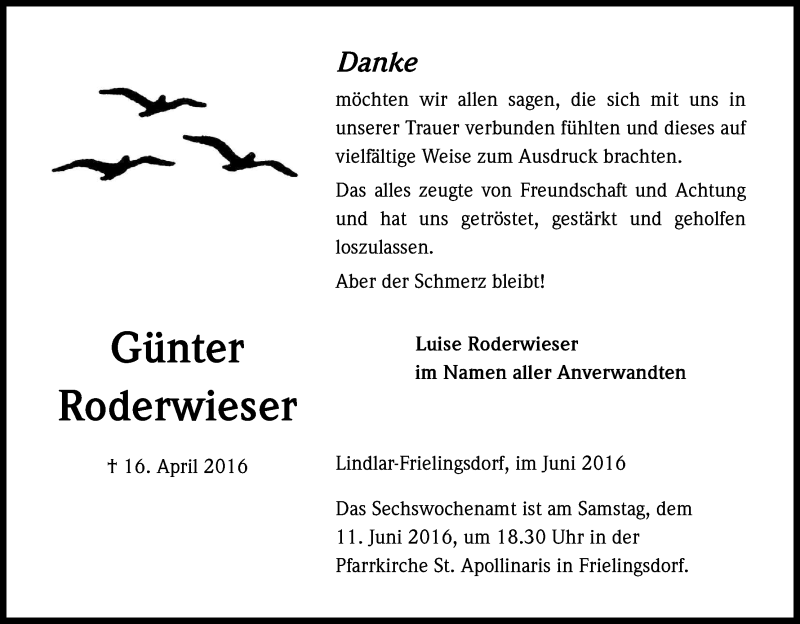  Traueranzeige für Günter Roderwieser vom 04.06.2016 aus Kölner Stadt-Anzeiger / Kölnische Rundschau / Express