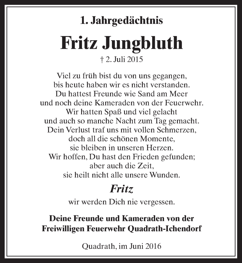  Traueranzeige für Fritz Jungbluth vom 29.06.2016 aus  Werbepost 