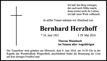 Anzeige von Bernhard Herzhoff von Kölner Stadt-Anzeiger / Kölnische Rundschau / Express