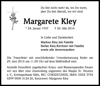Anzeige von Margarete Kley von Kölner Stadt-Anzeiger / Kölnische Rundschau / Express