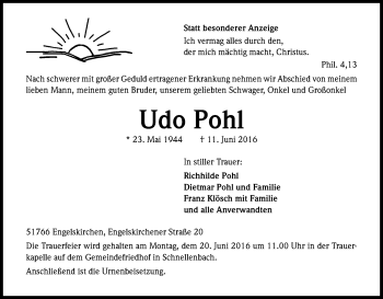 Anzeige von Udo Pohl von Kölner Stadt-Anzeiger / Kölnische Rundschau / Express