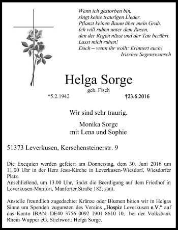 Anzeige von Helga Sorge von Kölner Stadt-Anzeiger / Kölnische Rundschau / Express