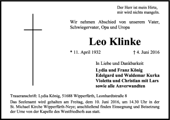 Anzeige von Leo Klinke von Kölner Stadt-Anzeiger / Kölnische Rundschau / Express