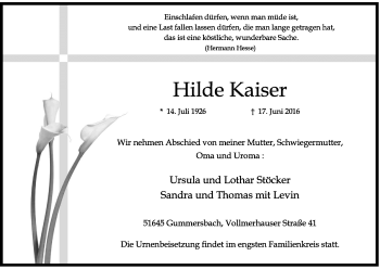 Anzeige von Hilde Kaiser von Kölner Stadt-Anzeiger / Kölnische Rundschau / Express
