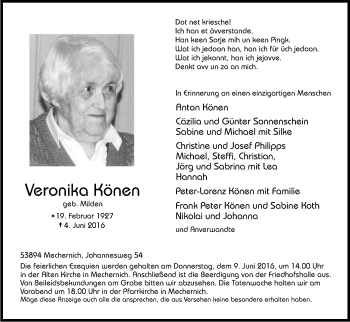 Anzeige von Veronika Könen von Kölner Stadt-Anzeiger / Kölnische Rundschau / Express