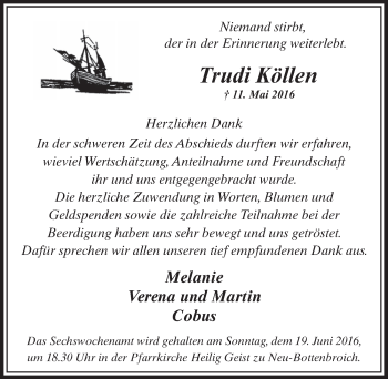 Anzeige von Trudi Köllen von  Sonntags-Post 