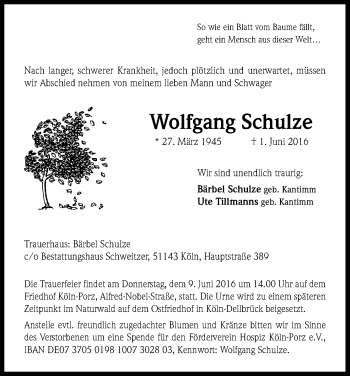 Anzeige von Wolfgang Schulze von Kölner Stadt-Anzeiger / Kölnische Rundschau / Express