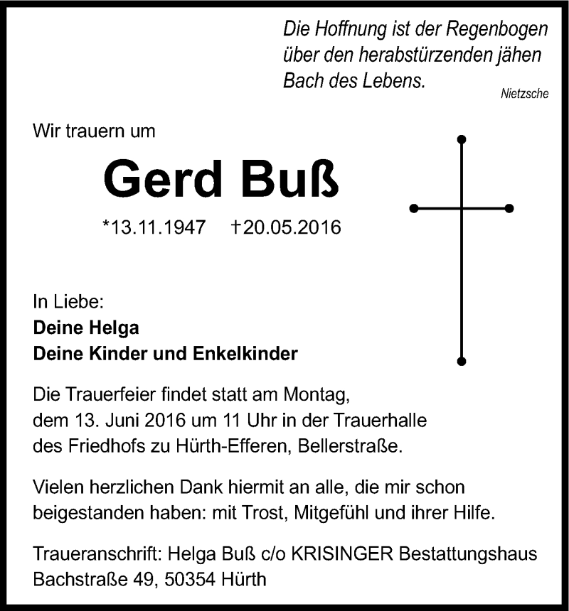  Traueranzeige für Gerd Buß vom 11.06.2016 aus Kölner Stadt-Anzeiger / Kölnische Rundschau / Express