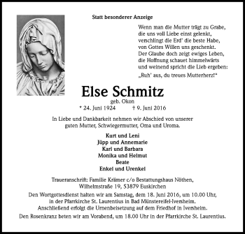 Anzeige von Else Schmitz von Köln - Wir Trauern