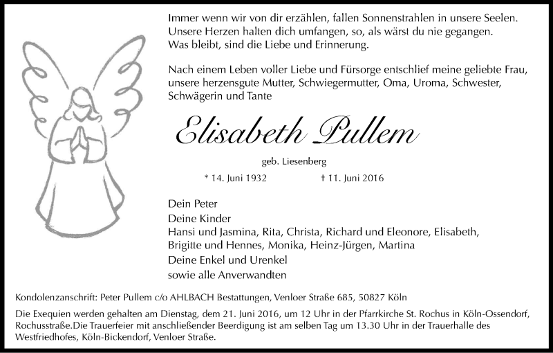  Traueranzeige für Elisabeth Pullem vom 17.06.2016 aus Kölner Stadt-Anzeiger / Kölnische Rundschau / Express