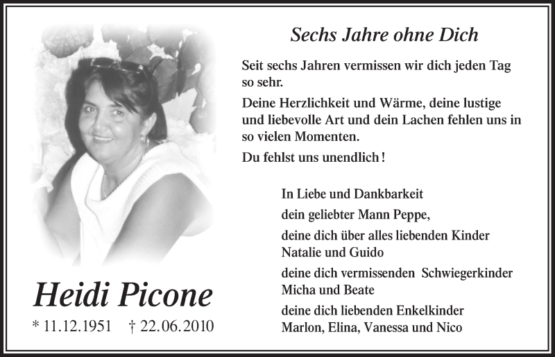  Traueranzeige für Heidi Picone vom 22.06.2016 aus  Bergisches Handelsblatt 