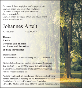 Anzeige von Johannes Artelt von  Blickpunkt Euskirchen 
