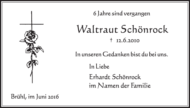  Traueranzeige für Waltraut Schönrock vom 08.06.2016 aus  Schlossbote/Werbekurier 