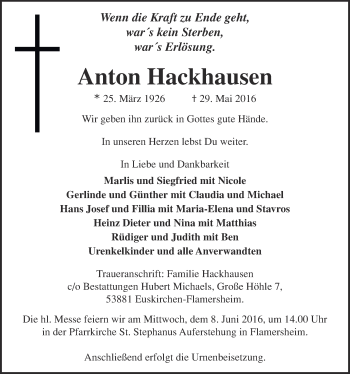 Anzeige von Anton Hackhausen von  Blickpunkt Euskirchen 