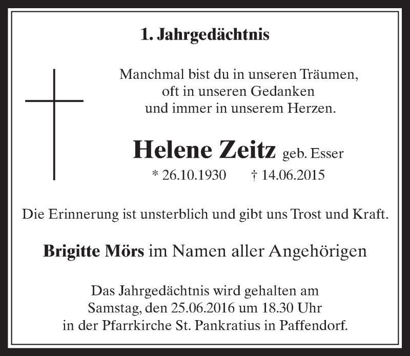  Traueranzeige für Helene  Zeitz vom 22.06.2016 aus  Werbepost 