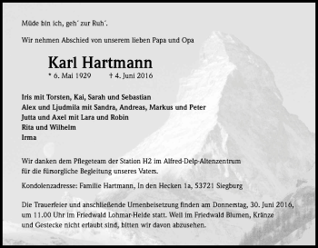 Anzeige von Karl Hartmann von Kölner Stadt-Anzeiger / Kölnische Rundschau / Express