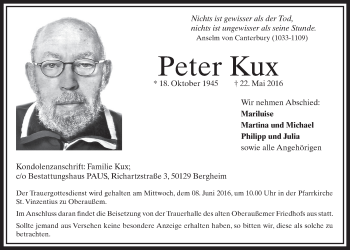 Anzeige von Peter Kux von  Sonntags-Post 