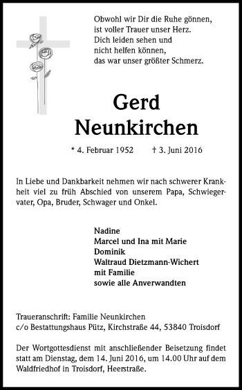 Anzeige von Gerd Neunkirchen von Kölner Stadt-Anzeiger / Kölnische Rundschau / Express